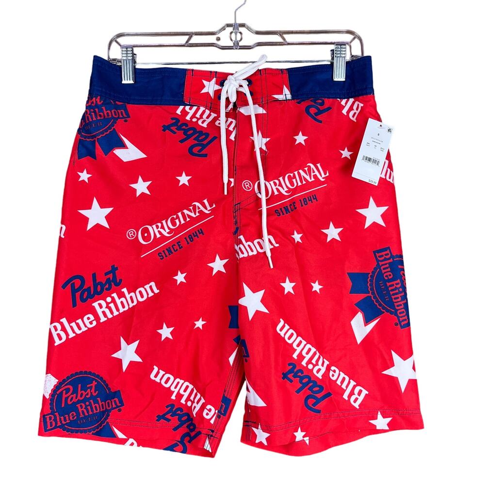 Pabst Blue Ribbon Mens Shorts Red White Blue Star Swim Surf Beach Trunks Small